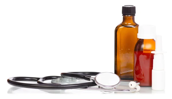 Composition set of medicine bottles and pills  stethoscope — Stock Photo, Image