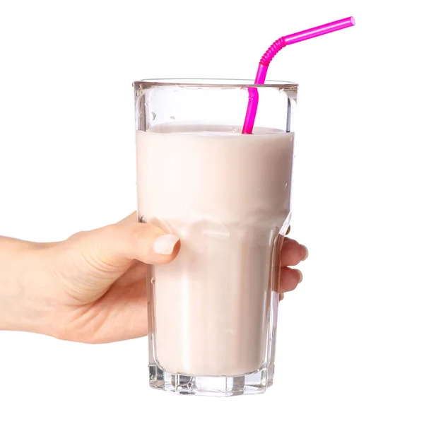 Copo de iogurte de morango milkshake na mão — Fotografia de Stock