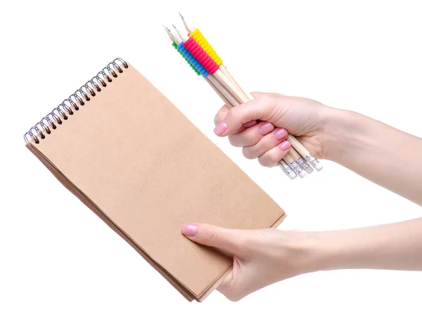 Zápisník a tužky v ruce — Stock fotografie