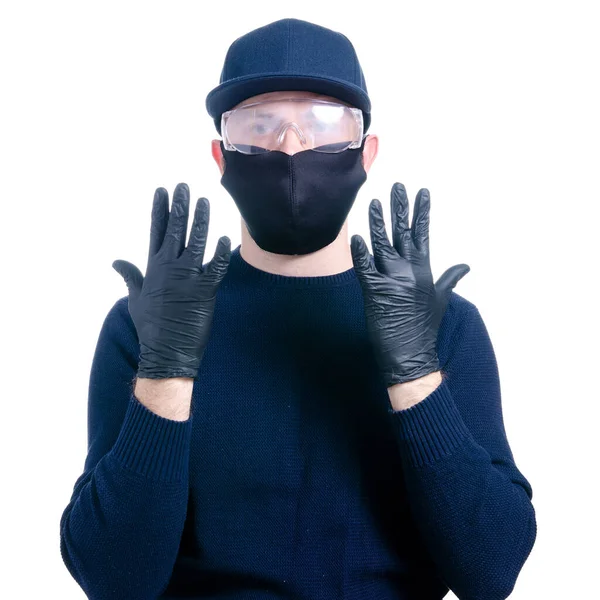 Homme en masque de protection médicale et gants de protection, virus des lunettes — Photo