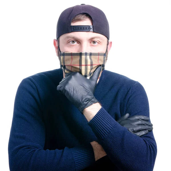 Homme en masque de protection médicale et virus des gants de protection — Photo