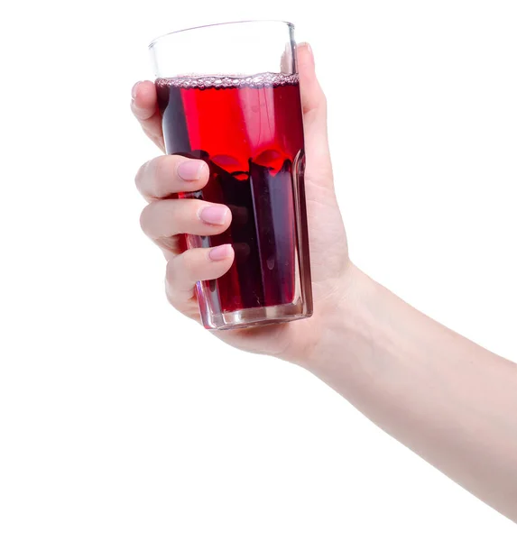 Cherry juice in a glass in hand — Stock Photo, Image