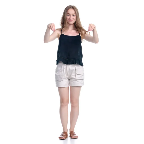 Woman in shorts holding showing pointing — Stock Photo, Image