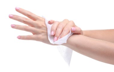 Beyaz arka plan izolasyonunda kadın el ıslak mendil, üst görünüm