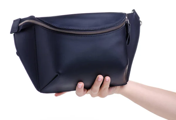 Black leather waist bag in hand