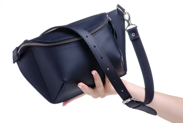Black leather waist bag in hand — Stock Photo, Image