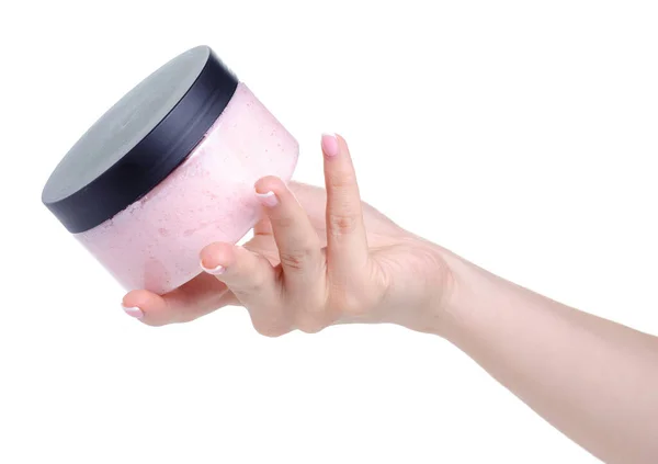 Bottle pink scrub for body in hand — Stock Photo, Image