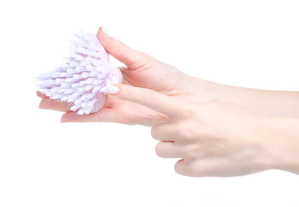 Plastic cleaning brush in hand — Stock Photo, Image