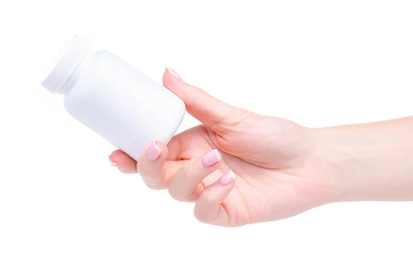 Biały słoik tabletek apteka medycyny w ręku — Zdjęcie stockowe