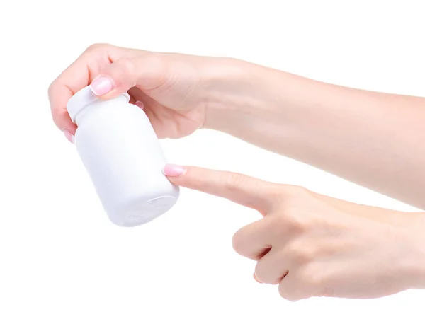Vaso bianco di pillole medicina farmacia in mano — Foto Stock