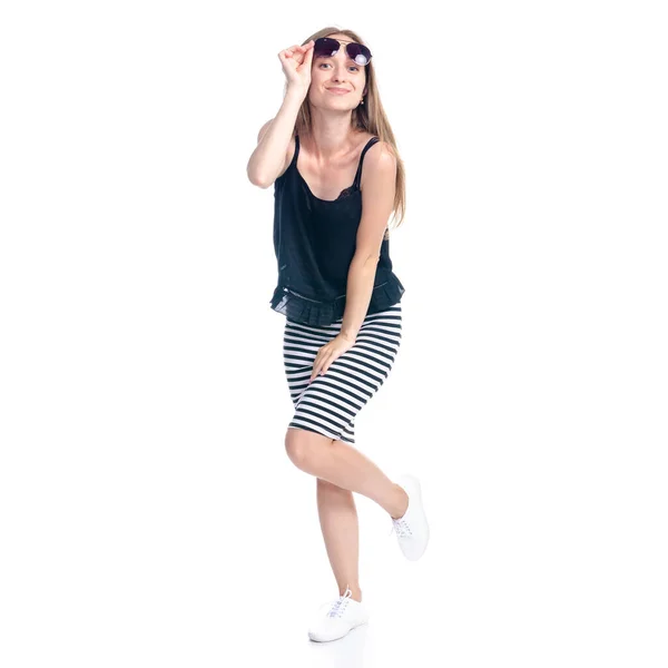 Woman in skirt with sunglasses standing smiling happiness — Stock Photo, Image