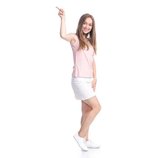 Woman in skirt showing pointing — Stock Photo, Image