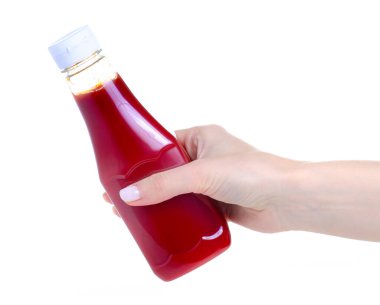 Elindeki plastik şişede ketçap