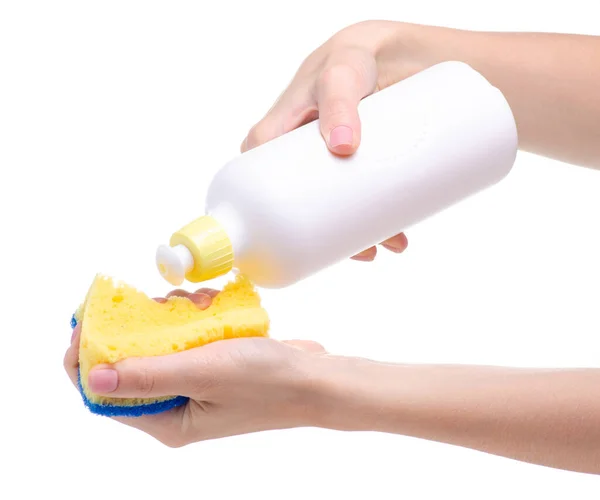 Wasmiddel voor keukengerei en spons voor de afwas in de hand — Stockfoto