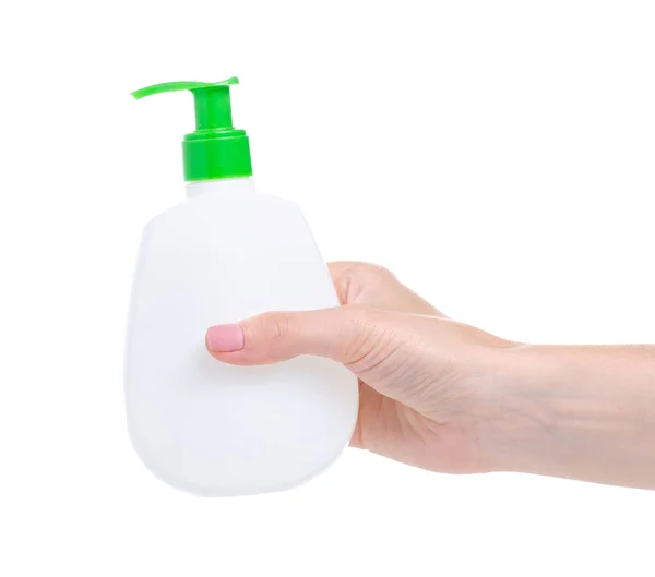 Jabón de botella blanco con dispensador en mano — Foto de Stock