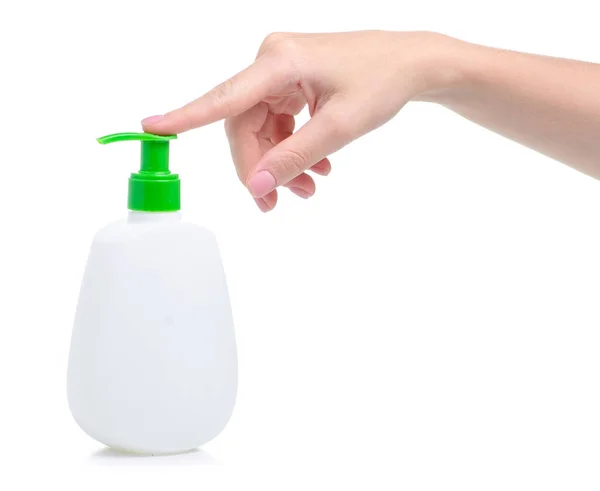 Jabón de botella blanco con dispensador en mano — Foto de Stock