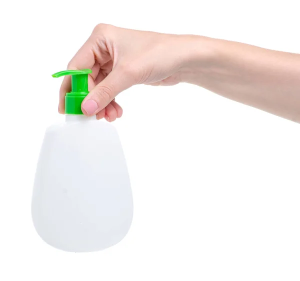 Λευκό σαπούνι μπουκάλι με το δοχείο στο χέρι — Φωτογραφία Αρχείου