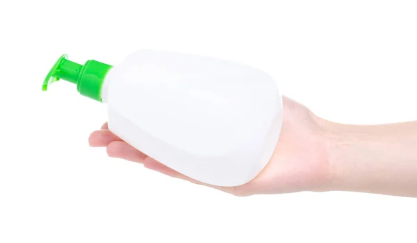 Jabón de botella blanco con dispensador en mano —  Fotos de Stock