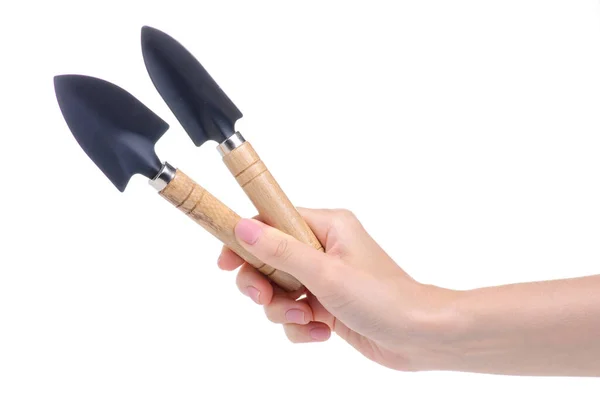Gardening tools rake shovel in hand — Stock Photo, Image