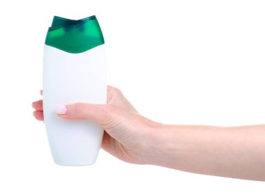 Beyaz şişe duş jeli, elde güzellik.