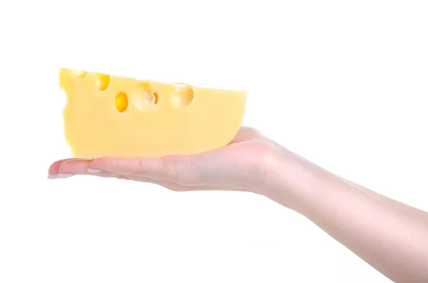 A piece of cheese with holes in hand — Stock Photo, Image