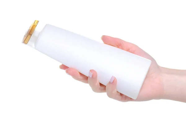Fehér palack sampon a kézben szépség — Stock Fotó