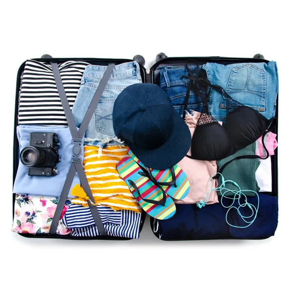 Black travel suitcase and clothing luggage summer — Stock Photo, Image