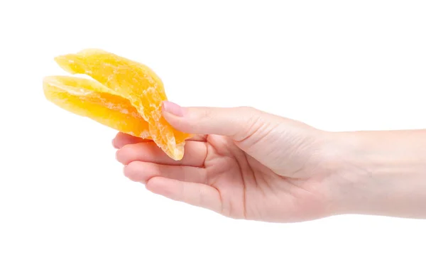 Melão seco cristalizado com açúcar na mão — Fotografia de Stock