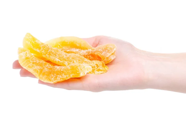 Melão seco cristalizado com açúcar na mão — Fotografia de Stock