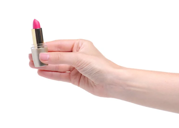 Lápiz labial rosa en la mano belleza — Foto de Stock