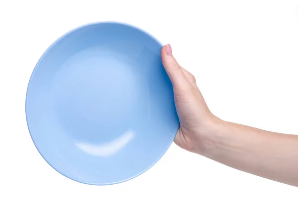 Pastel blue plate for soup in hand — Stock Photo, Image