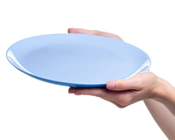 Pastel blue plate in hand — Stock Photo, Image