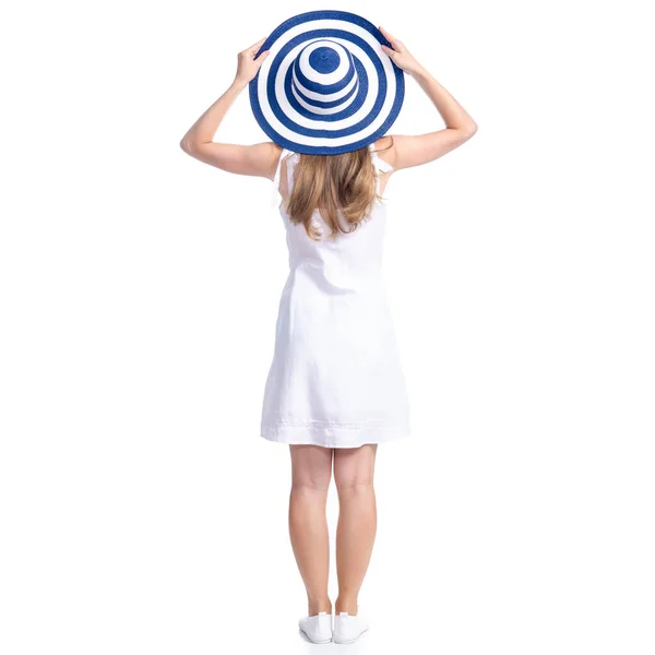 Woman in dress and summer hat standing — Stock Photo, Image