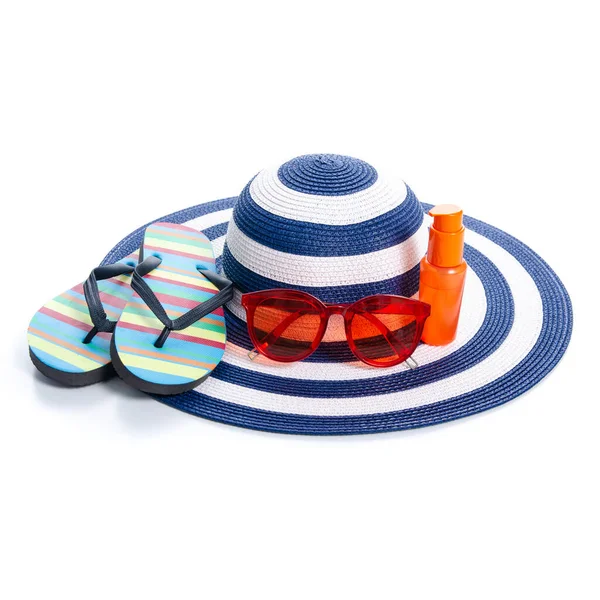 Blue beach hat travel and sunglasses, flip-flops — Stock Photo, Image