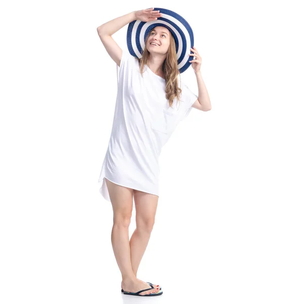 Vrouw met zonnehoed zomer lachend geluk staand op zoek naar — Stockfoto