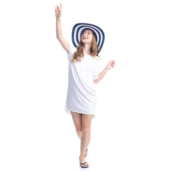 Mulher de chapéu de sol verão sorrindo felicidade de pé olhando mostrando apontando — Fotografia de Stock