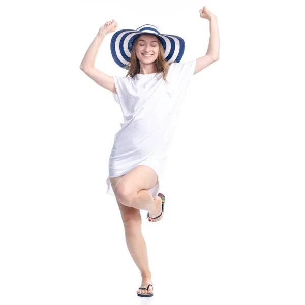 Woman in sun hat summer smiling happiness dancing looking — Stock Photo, Image