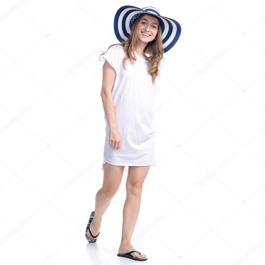 Woman in sun hat summer smiling happiness looking walking goes