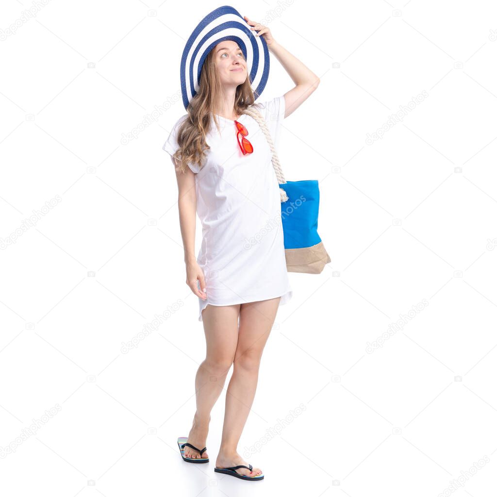 Woman in sun hat, sunglasses and beach bag summer smiling happiness looking walking goes