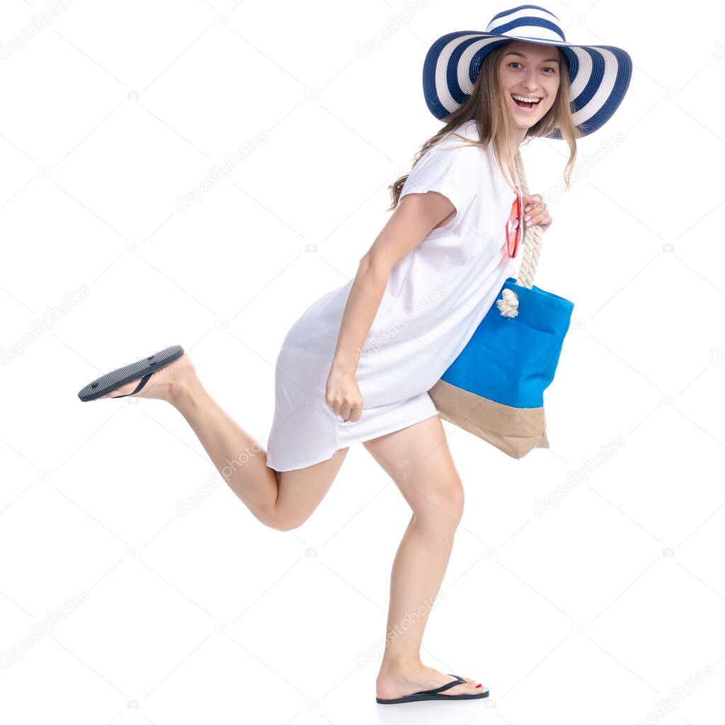 Woman in sun hat, sunglasses and beach bag summer smiling happiness looking walking goes running