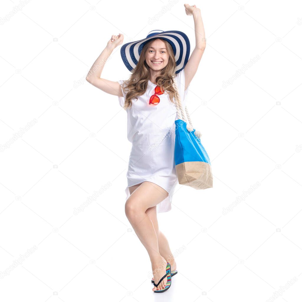 Woman in sun hat, sunglasses and beach bag summer smiling happiness looking standing dancing