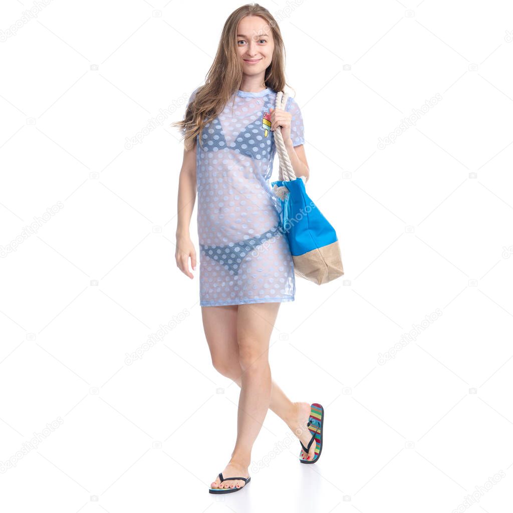Woman with beach bag happiness smiling goes walking