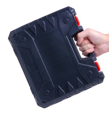 Elinde siyah alet kutusu