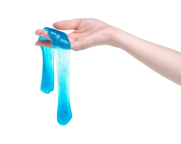 Blauer Schleim für Kinder, lustiges transparentes Spielzeug in der Hand — Stockfoto