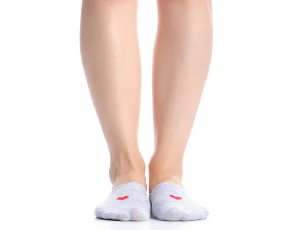 Female feet in gray no show socks — Stock Photo, Image