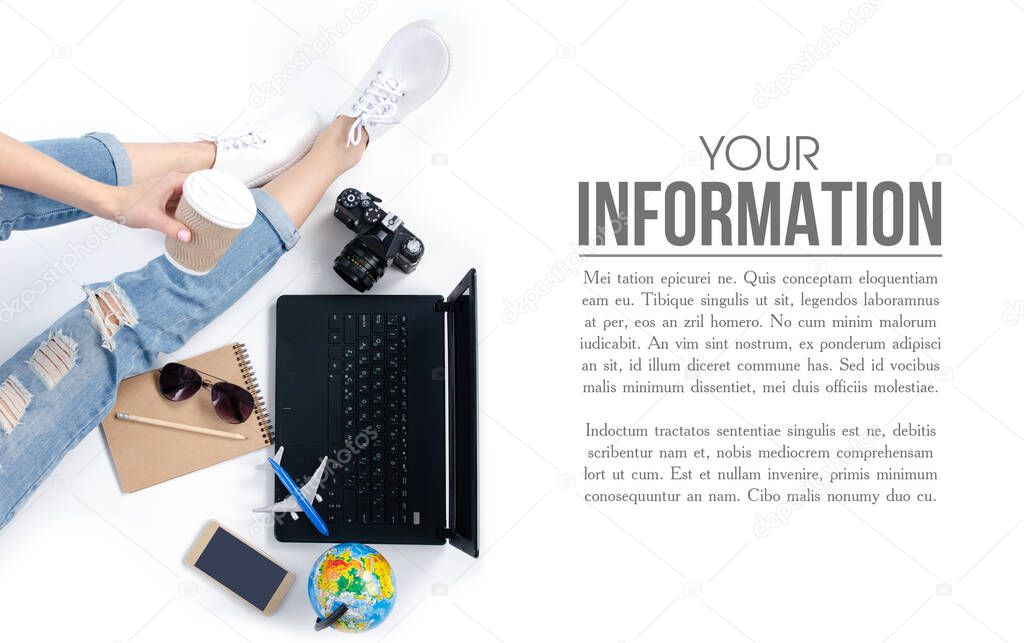 top view travel concept. Woman sitting and using laptop camera, airplane, smartphone, cup of coffee map and outfit of traveler business, pattern