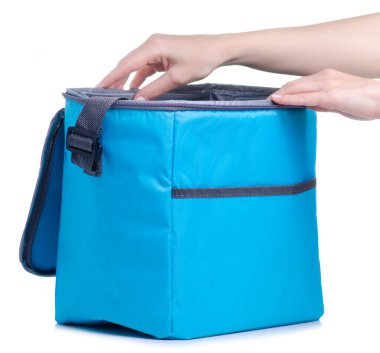 Mavi buzdolabı çantası elinde.