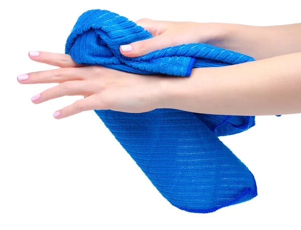 Niebieski ręcznik kuchenny w dłoni — Zdjęcie stockowe
