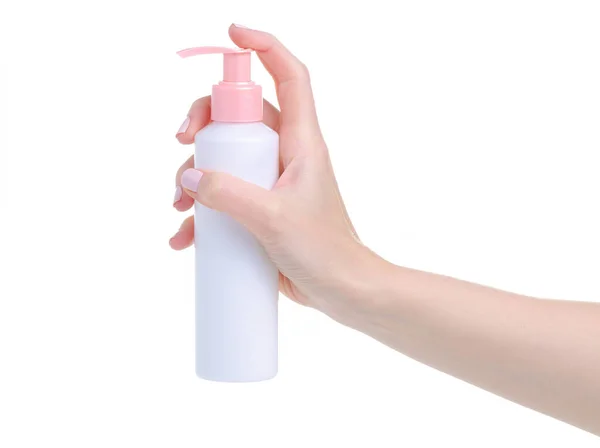 Distributeur de bouteille crème pour les mains dans la main — Photo