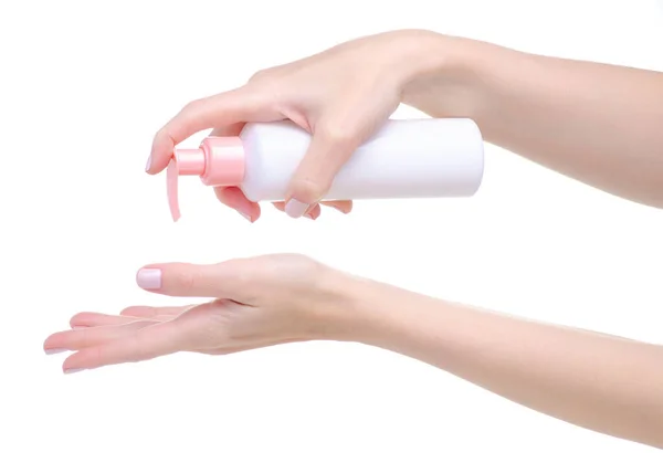 Distributeur de bouteille crème pour les mains dans la main — Photo